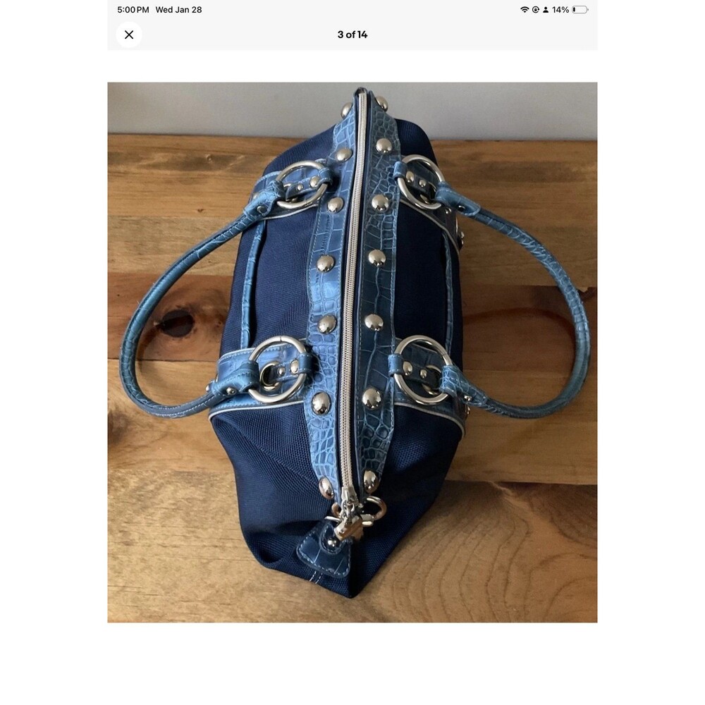 Kathy Van Zeeland Blue Denim & Faux Leather Satchel Bag/Purse Grommets/Studs - Picture 2 of 12